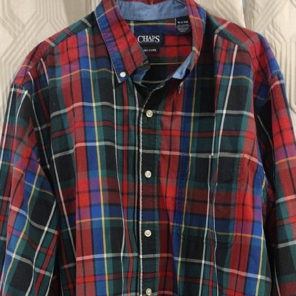 Chaps Men's Vibrant Blue And Red Plaid Button-Down Shirt XLT - Picture 3 of 6